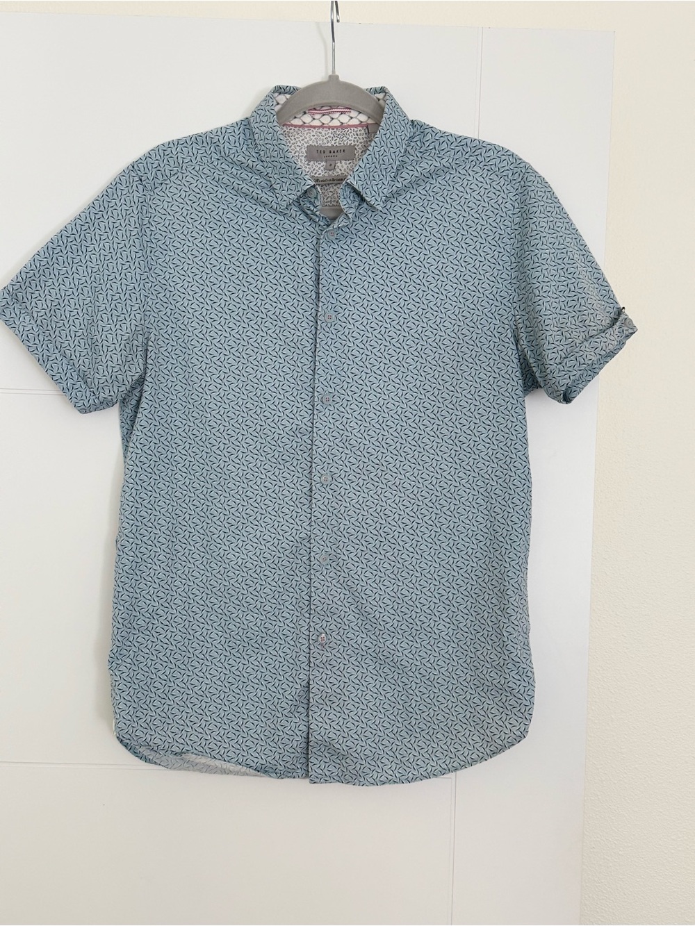 Ted Baker Button Down Shirt Mens 3 Blue Geometric Short Sleeve Designer Arts